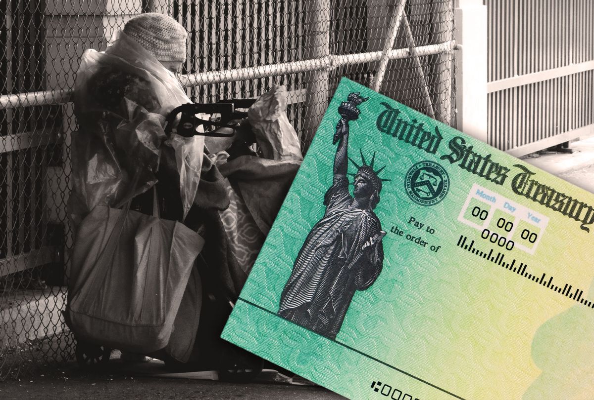 Homeless woman sleeping in chair on sidewalk | US Stimulus Check (Photo illustration by Salon/Getty Images)