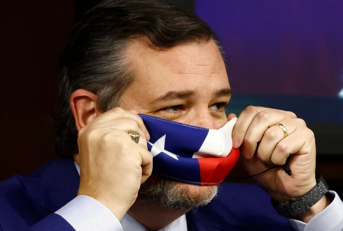 Ted Cruz holds his Texas mask over his face (Samuel Corum/Getty Images)