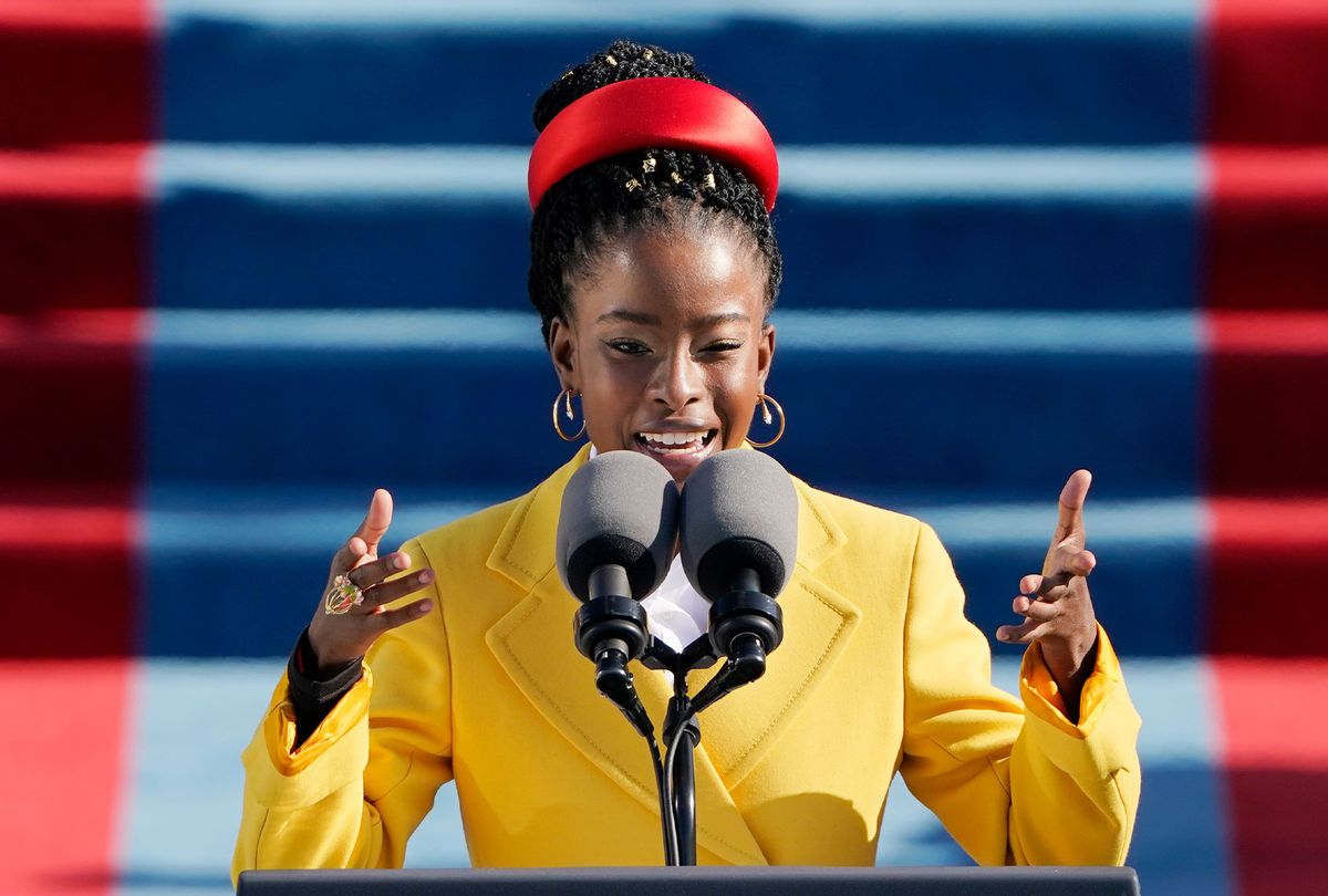 American poet Amanda Gorman reads a poem during the 59th Presidential Inauguration at the US Capitol in Washington DC on January 20, 2021. (PATRICK SEMANSKY/POOL/AFP via Getty Images)