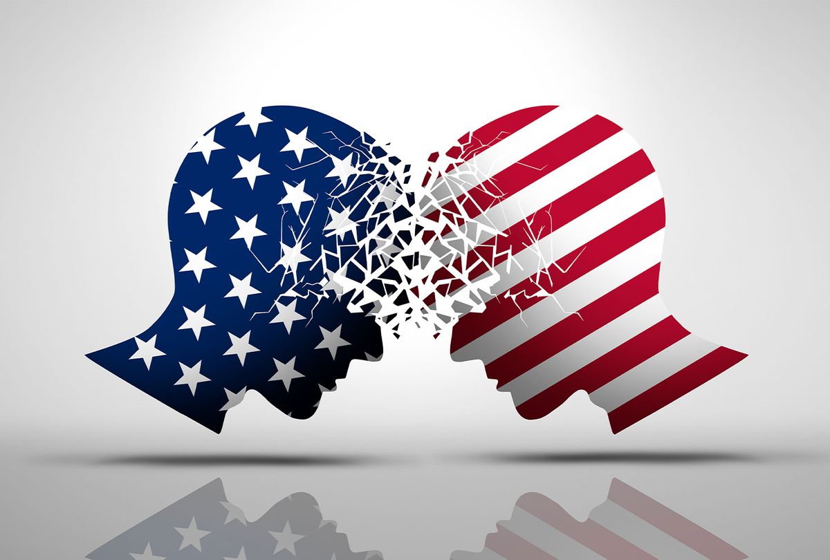 United States debate and US social issues argument or political war as an American culture conflict with two opposing sides as Conservative and Liberal political dispute and ideology (Getty Images)