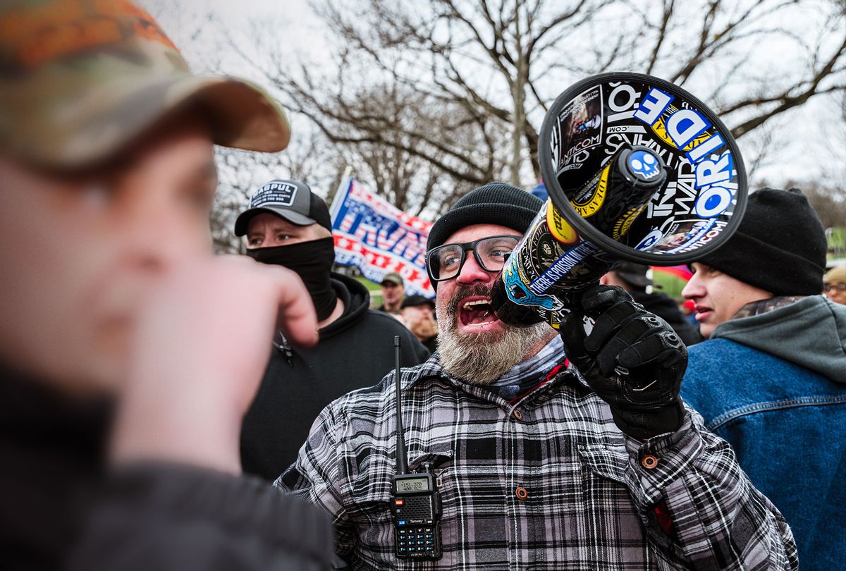 Pro-Trump protesters and Proud Boys march in front of the Capitol Building on January 6, 2021 in Washington, DC. (Jon Cherry/Getty Images)