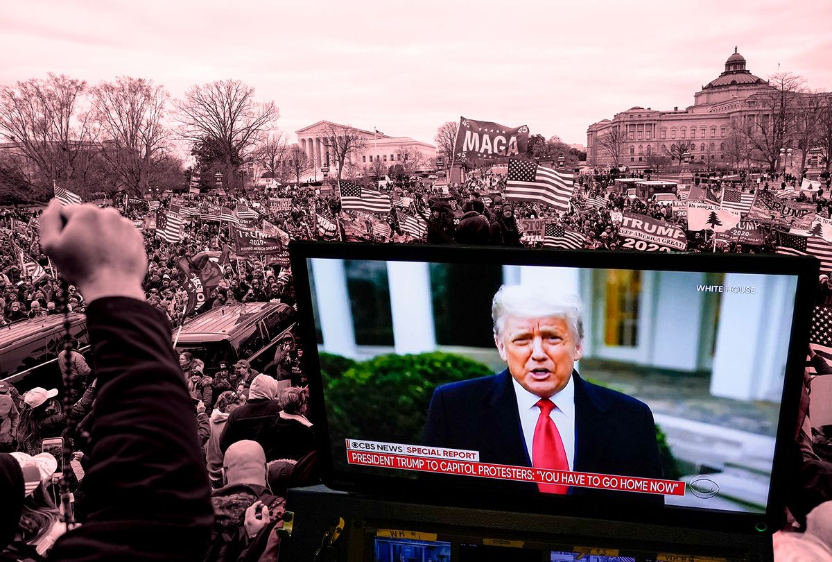 U.S. President Donald Trump is shown speaking on a monitor, as his supporters riot in Washington DC and overtake the Capitol building (Photo illustration by Salon/Getty Images)