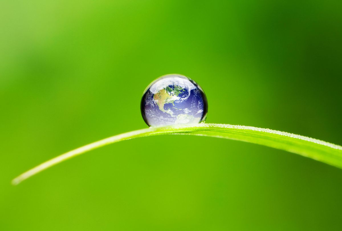 Waterdrop on a green blade of grass reflecting our earth. (Getty Images)