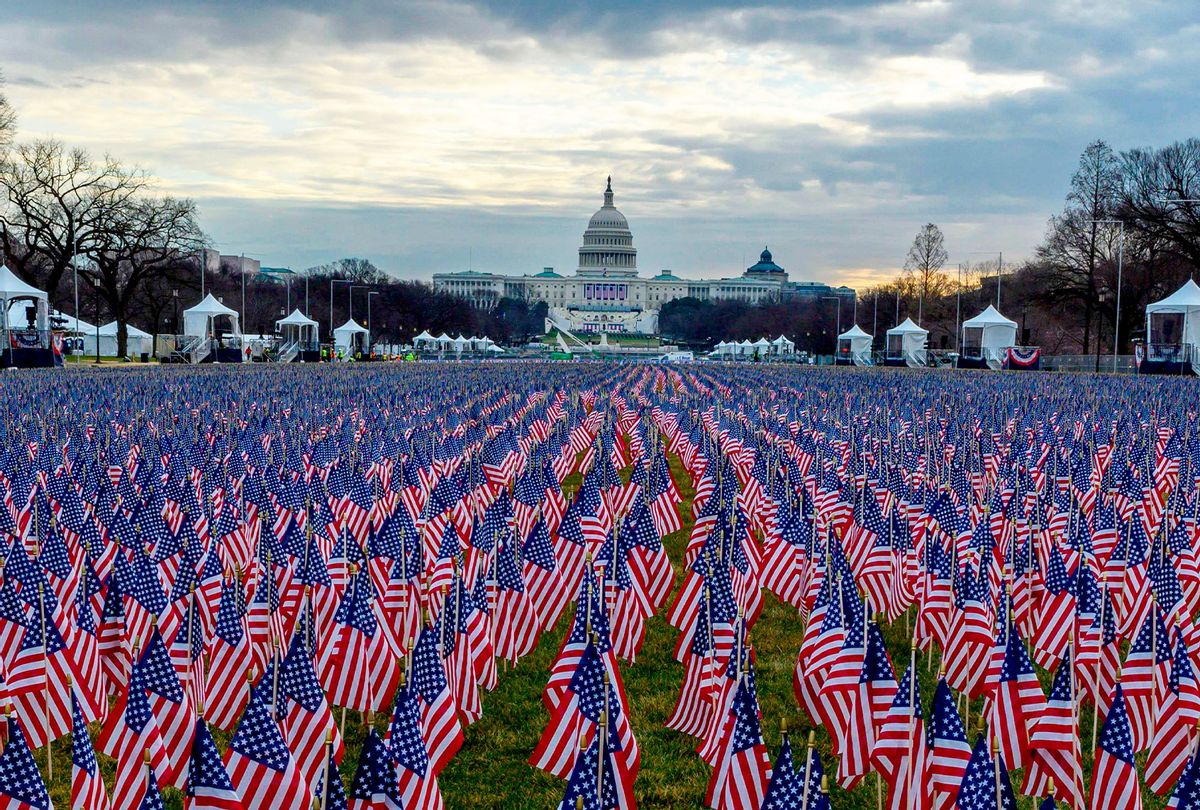 Thousands of flags creating a "field of flags" are seen on the National Mall ahead of Joe Biden's swearing-in inauguration ceremony as the 46th US president in Washington,DC on January 18, 2021. (ERIC BARADAT/AFP via Getty Images)