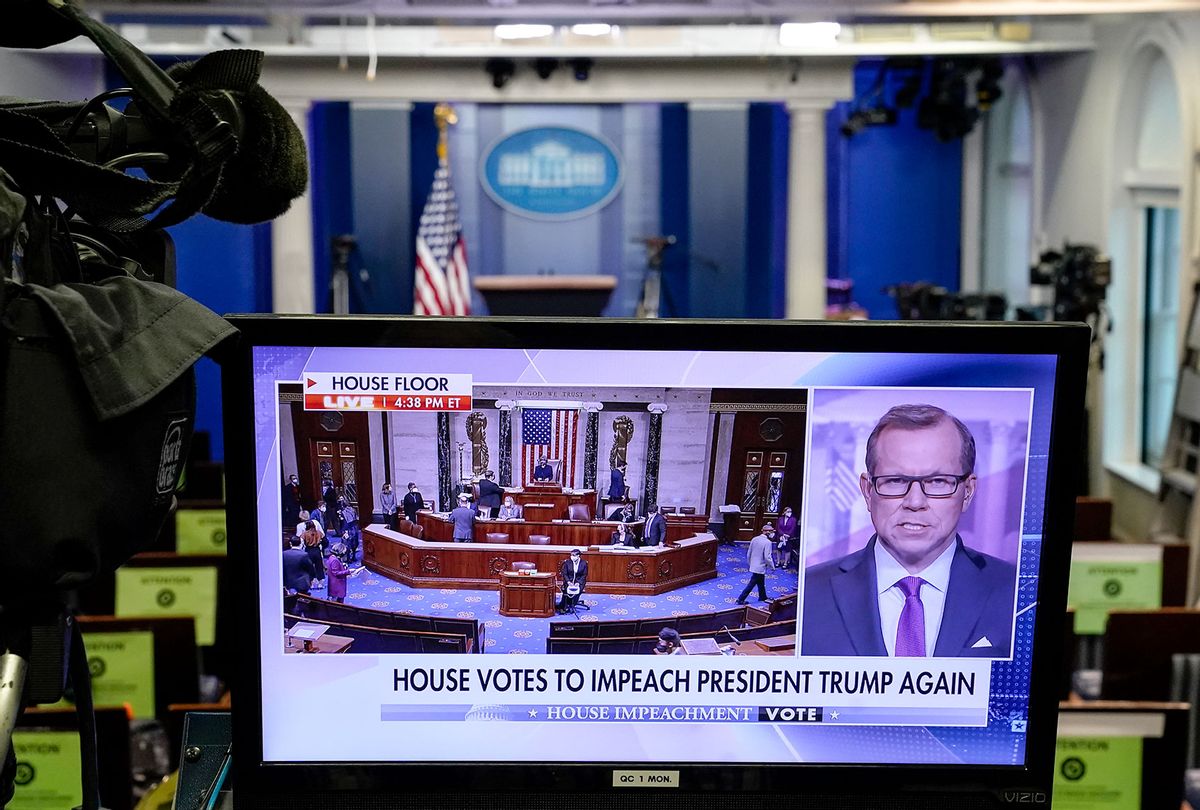 Displayed on a television broadcast inside the White House Press Briefing Room, the U.S. House of Representatives votes on the impeachment of U.S. President Donald Trump on January 13, 2021 in Washington, DC. President Trump is the first president in United States history to face impeachment twice. (Drew Angerer/Getty Images)