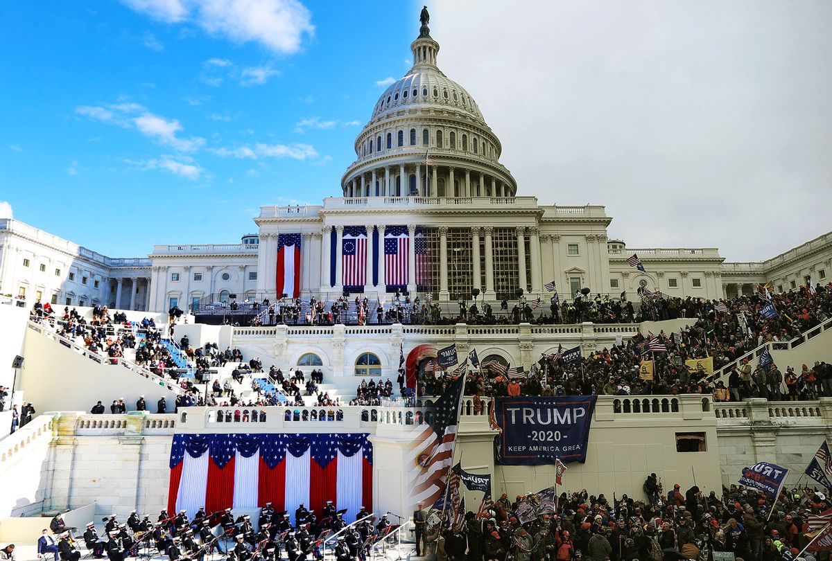 (L) West Front of the U.S. Capitol during Joe Biden's Presidential inauguration on January 20, 2021 in Washington, DC. (R) US President Donald Trumps supporters riot outside the Capitol building in Washington D.C., United States on January 06, 2021. (Photo illustration by Salon/Getty Images)