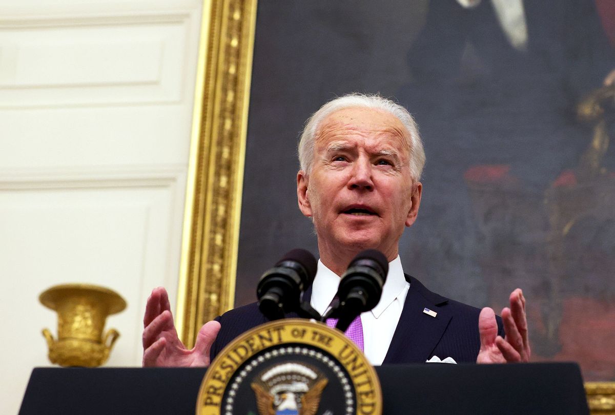 U.S. President Joe Biden speaks during an event at the State Dining Room of the White House January 21, 2021 in Washington, DC. President Biden delivered remarks on his administration’s COVID-19 response, and signed executive orders and other presidential actions. (Alex Wong/Getty Images)
