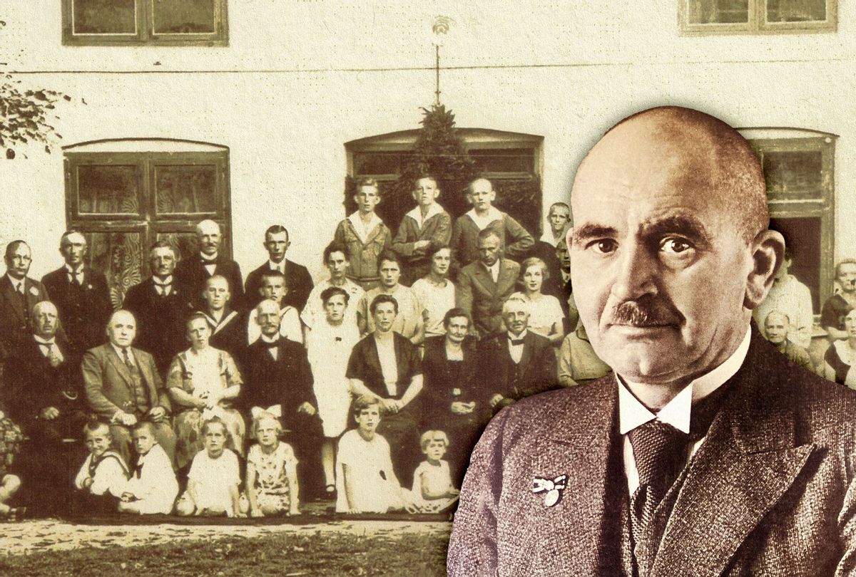 Author's grandfather, Johann Bischoff | The extended Bischoff family circa 1932, before Hitler won the election. The author's mother is the little girl in the middle on the bottom. (Photo illustration by Salon/Photos courtesy of author)