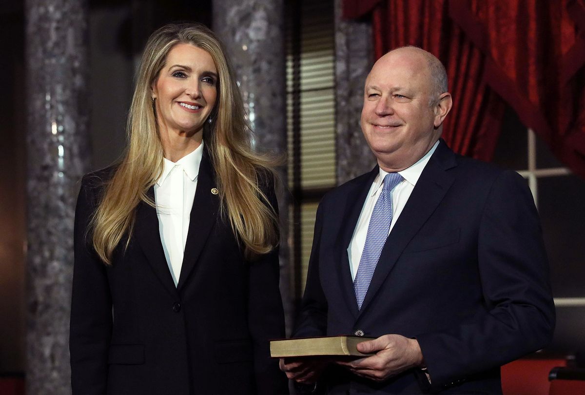 U.S. Sen. Kelly Loeffler (R-GA) and her husband Jeff Sprecher wait for the beginning of a ceremonial swearing-in at the Old Senate Chamber of the U.S. Capitol January 6, 2020 in Washington, DC. Sen. Loeffler was appointed to the seat to succeed former Sen. Johnny Isakson (R-GA), who resigned for health reasons. (Alex Wong/Getty Images)