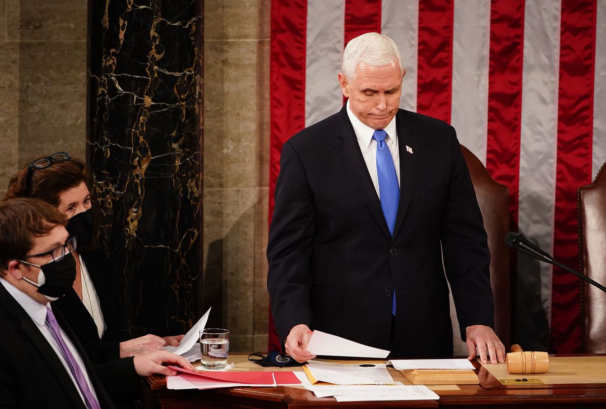 Vice President Mike Pence presides over a joint session of Congress on January 06, 2021 in Washington, DC. Congress held a joint session today to ratify President-elect Joe Biden's 306-232 Electoral College win over President Donald Trump. A group of Republican senators said they would reject the Electoral College votes of several states unless Congress appointed a commission to audit the election results. (Jim Lo Scalzo - Pool/Getty Images)