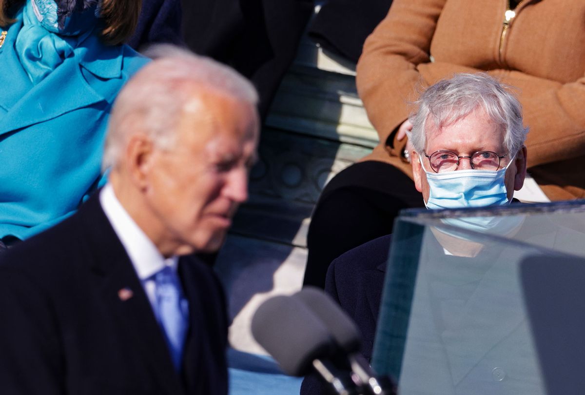 Senate Majority Leader Mitch McConnell (R-KY) looks on as U.S. President Joe Biden delivers his inaugural address on the West Front of the U.S. Capitol on January 20, 2021 in Washington, DC. During today's inauguration ceremony Joe Biden becomes the 46th president of the United States. (Alex Wong/Getty Images)