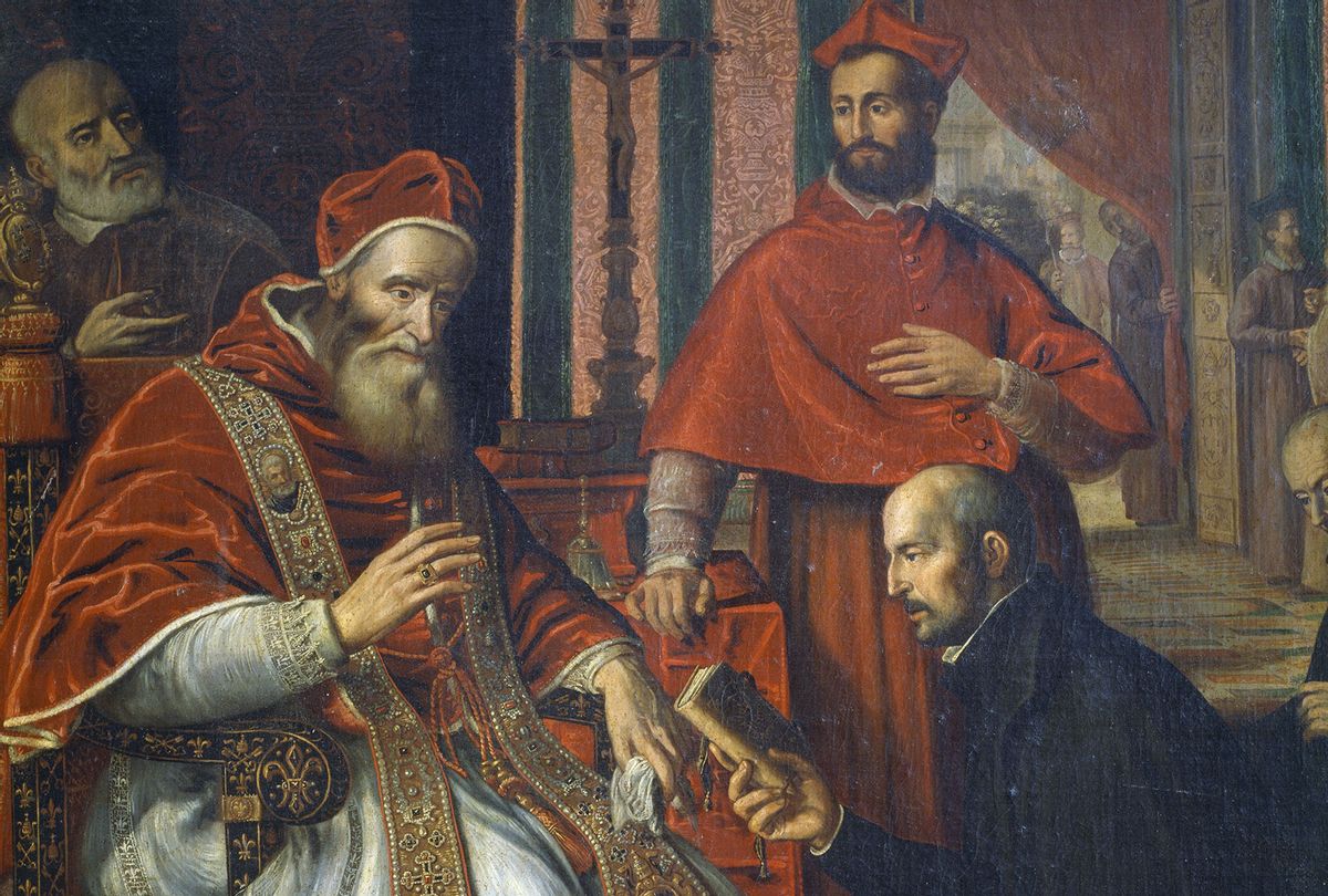 Pope Paul III receiving from Saint Ignatius of Loyola the Rule of the Jesuits, 17th century painting by an anonymous author, Church of Jesus, Rome, Italy. Detail. (Getty Images)