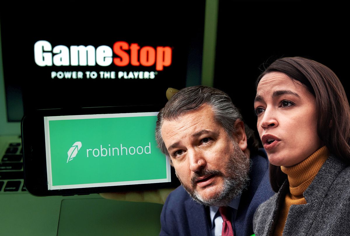 Ted Cruz, Alexandria Ocasio-Cortez, GameStop and Robinhood (Photo illustration by Salon/Getty Images)
