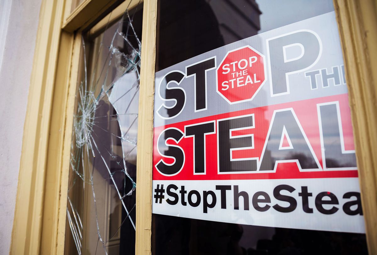 A Stop The Steal is posted inside of the Capitol Building after a pro-Trump mob broke into the U.S. Capitol on January 6, 2021 in Washington, DC. A pro-Trump mob stormed the Capitol, breaking windows and clashing with police officers. Trump supporters gathered in the nation's capital today to protest the ratification of President-elect Joe Biden's Electoral College victory over President Trump in the 2020 election. (Jon Cherry/Getty Images)