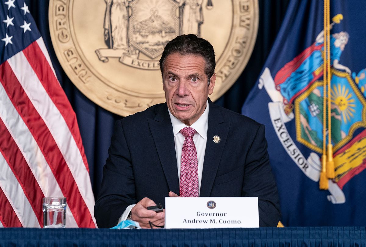 New York State Governor Andrew Cuomo holds daily media announcement and briefing at 633 3rd Avenue, Manhattan. Governor discussed Stabilization and Recovery Program for the state as well as uptick of positive infections in some areas of the state. Governor Andrew Cuomo announced that he will meet with Orthodox Jewish leaders to address COVID-19 clusters in communities downstate. He emphasized importance of wearing masks, social distances and enforcement of compliance. (Lev Radin/Pacific Press/LightRocket via Getty Images)