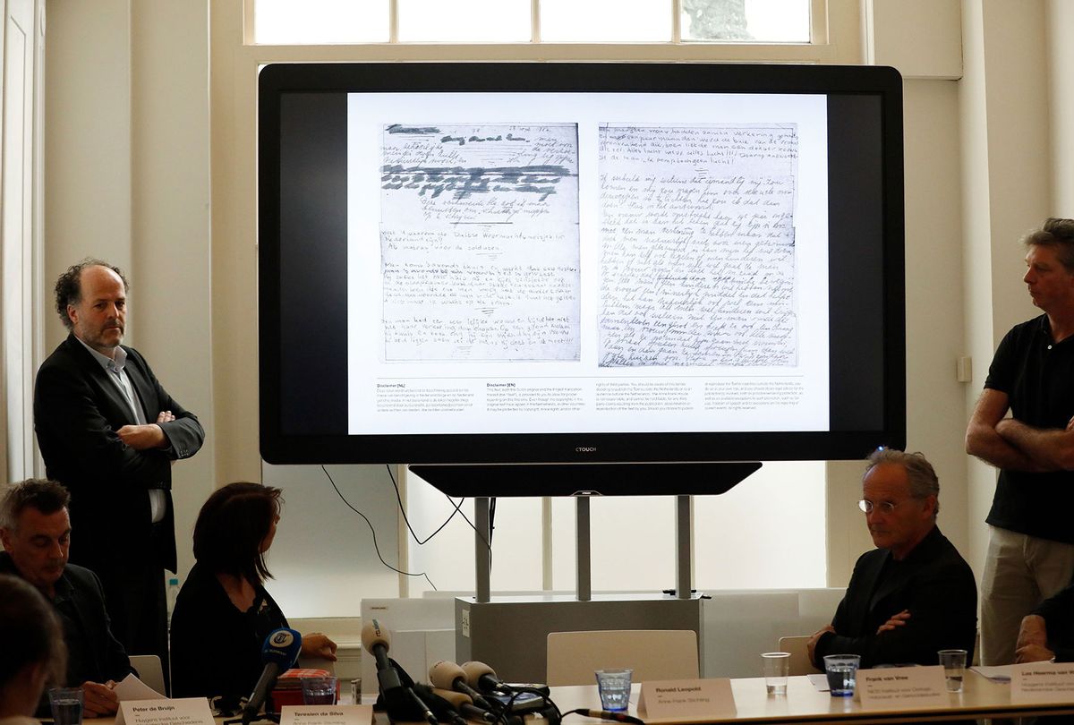 Ronald Leopold executive director of the Anne Frank House presents two unknown pages of Anne Frank's diary (BAS CZERWINSKI/AFP via Getty Images)