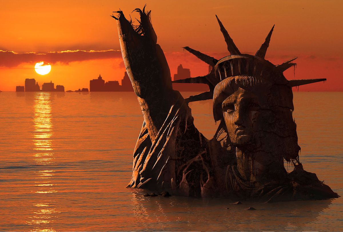Conceptual illustration of the Statue of Liberty and New York flooded and in ruins, in a possible future showing a rise in sea levels due to global warming (Getty Images)