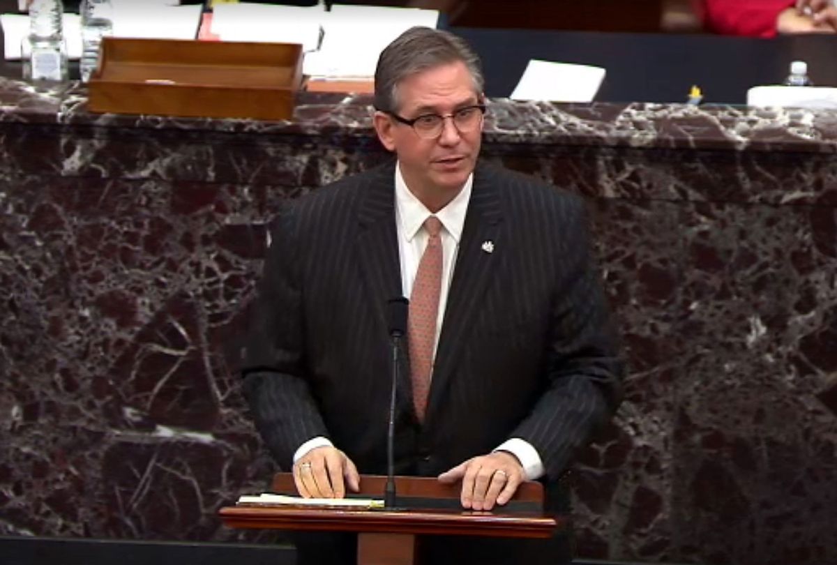 In this screenshot taken from a congress.gov webcast, Bruce Castor Jr. defense lawyer for former President Donald Trump speaks on the first day of former President Donald Trump's second impeachment trial at the U.S. Capitol on February 9, 2021 in Washington, DC. House impeachment managers will make the case that Trump was “singularly responsible” for the January 6th attack at the U.S. Capitol and he should be convicted and barred from ever holding public office again. (congress.gov via Getty Images)