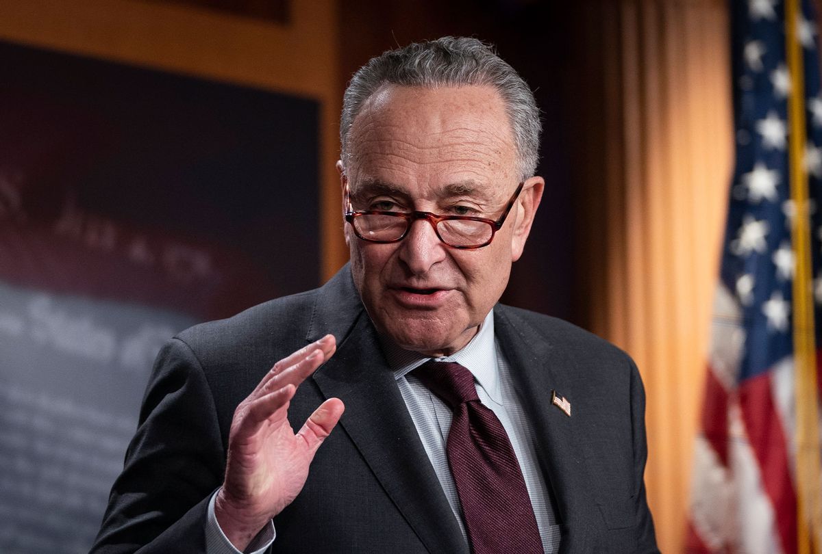 Senate Majority Leader Chuck Schumer (D-NY) speaks during a press conference after a meeting with Senate Democrats at the U.S. Capitol on February 2, 2021 in Washington, DC. (Drew Angerer/Getty Images)