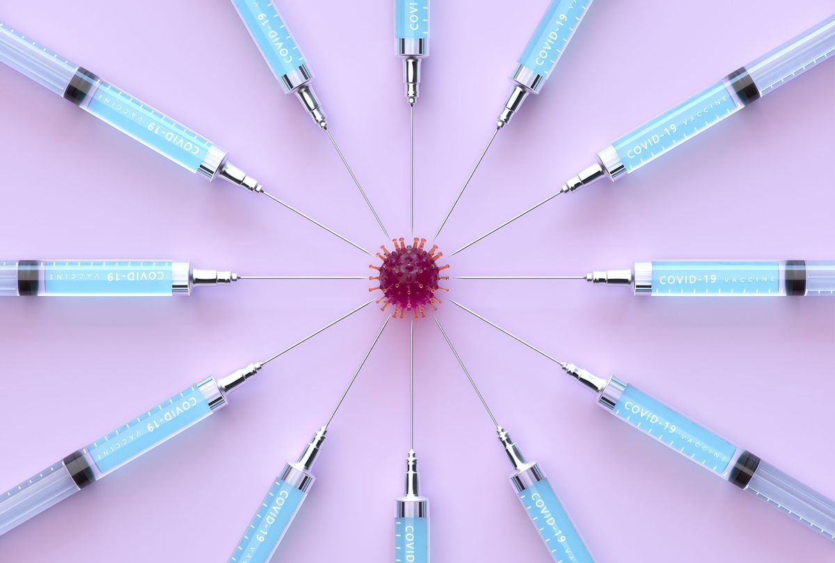 Digital generated image of circular pattern made out of Syringes with COVID-19 vaccine targeting into coronavirus cell  (Getty Images)