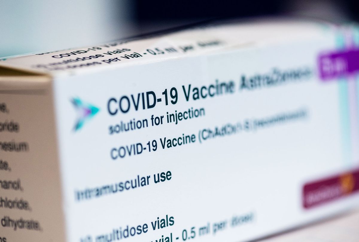 A photo taken on February 12, 2021 shows a box of AstraZeneca's Covid-19 vaccine at the university hospital, at the start of the inoculation with the AstraZeneca vaccine at the hospital, in Halle/Saale, eastern Germany. (JENS SCHLUETER/AFP via Getty Images)
