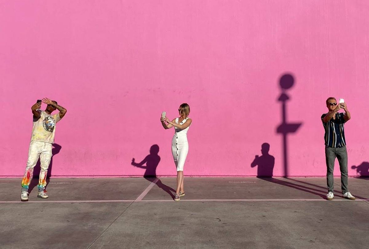 Chris Bailey, Dominique Druckman, Wylie Heiner in front of The Pink Wall in L.A. during the filming of HBO's "Fake Famous." (HBO)