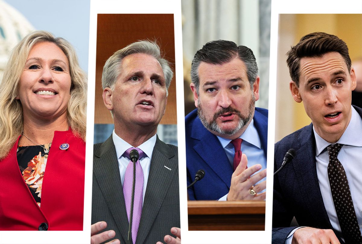 Marjorie Taylor-Greene, Kevin McCarthy, Ted Cruz and Josh Hawley (Photo illustration by Salon/Getty Images)