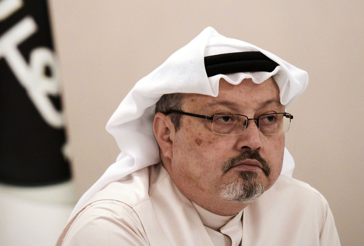 A general manager of Alarab TV, Jamal Khashoggi, looks on during a press conference in the Bahraini capital Manama, on December 15, 2014. The pan-Arab satellite news broadcaster owned by billionaire Saudi businessman Alwaleed bin Talal will go on air February 1, promising to "break the mould" in a crowded field. (MOHAMMED AL-SHAIKH/AFP via Getty Images)