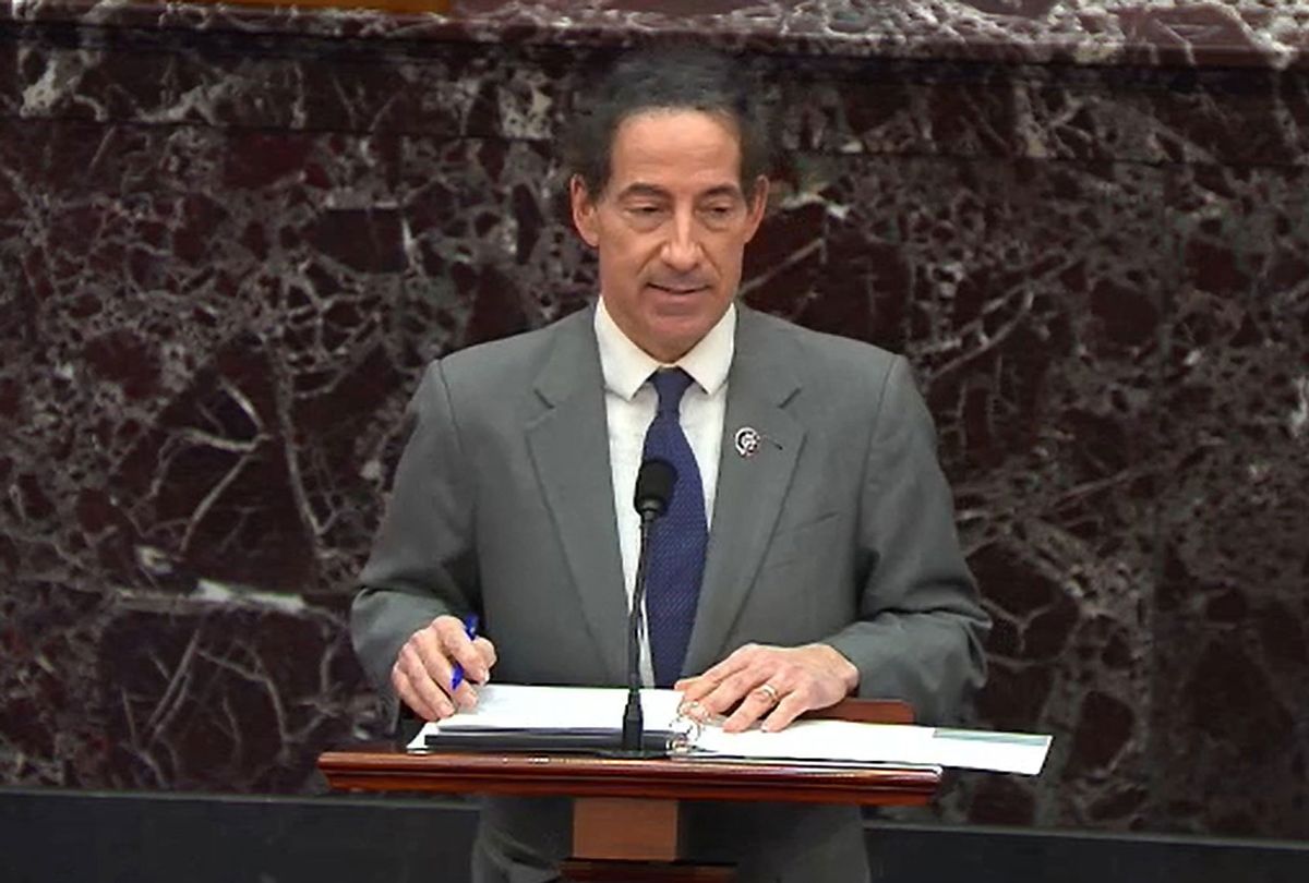 In this screenshot taken from a congress.gov webcast, Lead Impeachment Manager Rep. Jamie Raskin (D-MD) speaks on the second day of former President Donald Trump's second impeachment trial at the U.S. Capitol on February 10, 2021 in Washington, DC. House impeachment managers will make the case that Trump was “singularly responsible” for the January 6th attack at the U.S. Capitol and he should be convicted and barred from ever holding public office again. (congress.gov via Getty Images)
