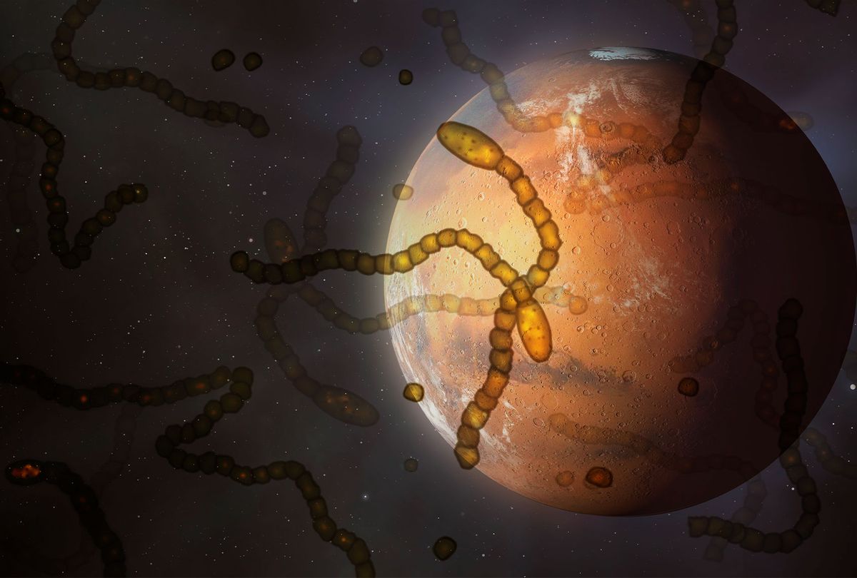 Alien microbes in space above Mars, conceptual illustration. (Getty Images)