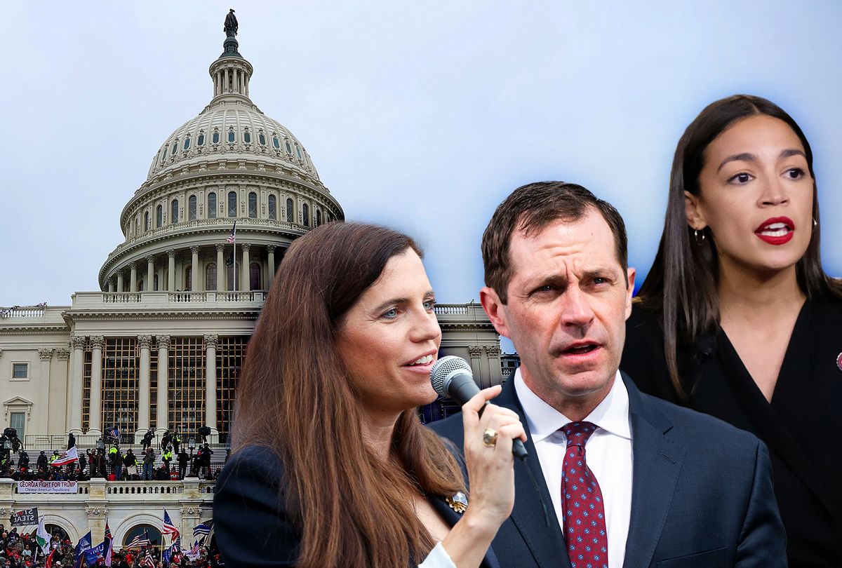 Rep. Alexandria Ocasio-Cortez, Rep. Jason Crow, Rep. Nancy Mace and the Capitol Hill rioters (Photo illustration by Salon/Getty Images)