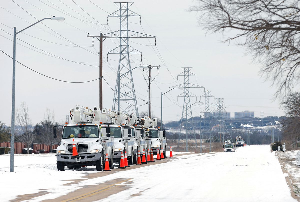 Pike Electric service trucks line up after a snow storm on February 16, 2021 in Fort Worth, Texas. Winter storm Uri has brought historic cold weather and power outages to Texas as storms have swept across 26 states with a mix of freezing temperatures and precipitation. (Ron Jenkins/Getty Images)
