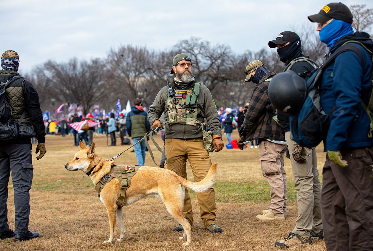Men belonging to the Oathkeepers wearing military tactical gear attend the "Stop the Steal" rally on January 06, 2021 in Washington, DC. Trump supporters breached the security surrounding the U.S. Capitol to protest the ratification of President-elect Joe Biden's Electoral College victory over President Trump in the 2020 election. (Robert Nickelsberg/Getty Images)