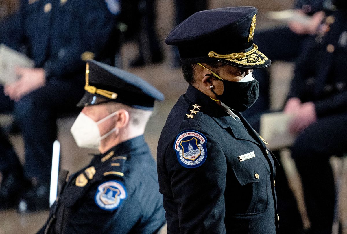 U.S. Capitol Police Acting Chief Yogananda Pittman departs at the conclusion of a congressional tribute to the late Capitol Police officer Brian Sicknick who lies in honor in the Rotunda of the U.S. Capitol on February 3, 2021, in Washington, DC. Officer Sicknick died as a result of injuries he sustained during the January 6 attack on the U.S. Capitol. He will lie in honor until February 3 and then be buried at Arlington National Cemetery. (Erin Schaff-Pool/Getty Images)