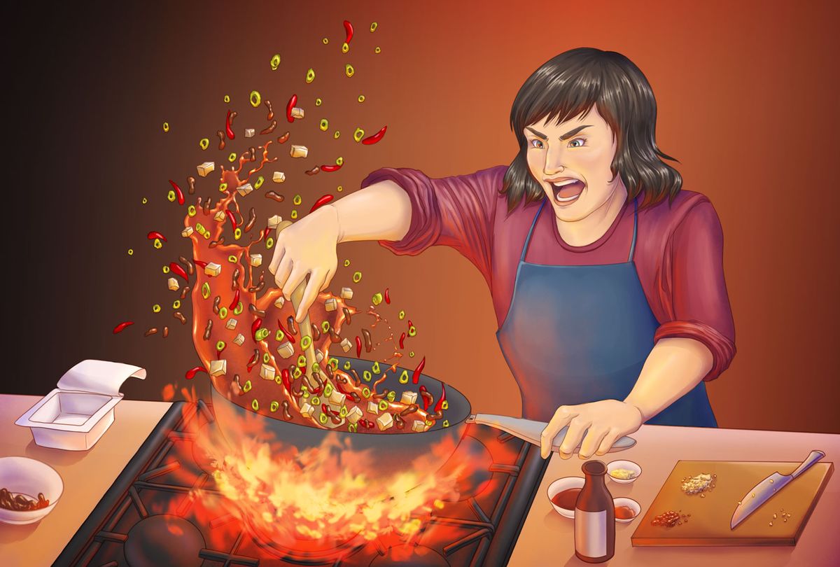 Cooking Mapo Tofu while angry (Illustration by Ilana Lidagoster)
