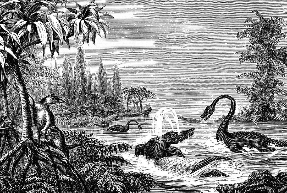 Antique Illustration, "Scene during the Lower Oolite Period (Ichthyosaurus, Plesiosaurus, a Marsupial, etc)" (Getty Images)