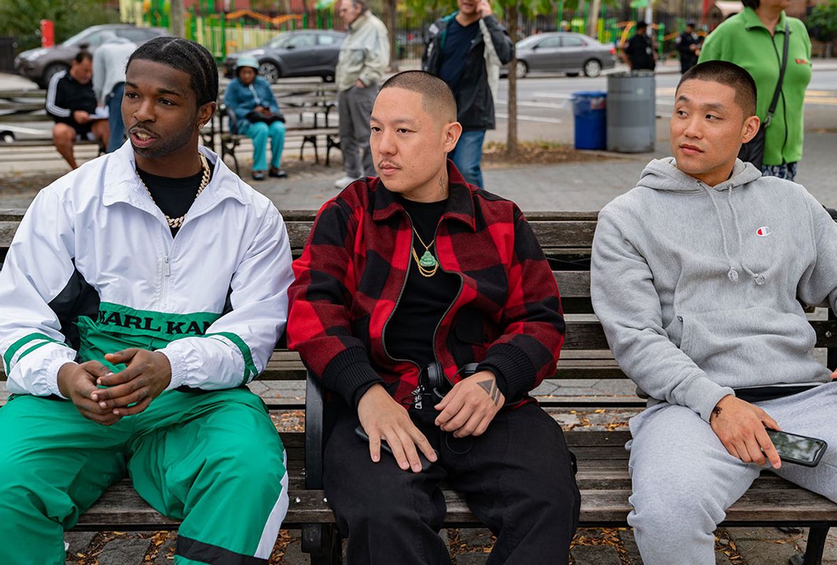Actor Pop Smoke, director Eddie Huang and actor Taylor Takahashi on the set of their film "Boogie" (Focus Features)