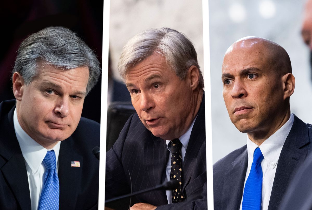 Chris Wray, Sheldon Whitehouse and Cory Booker (Photo illustration by Salon/Getty Images)