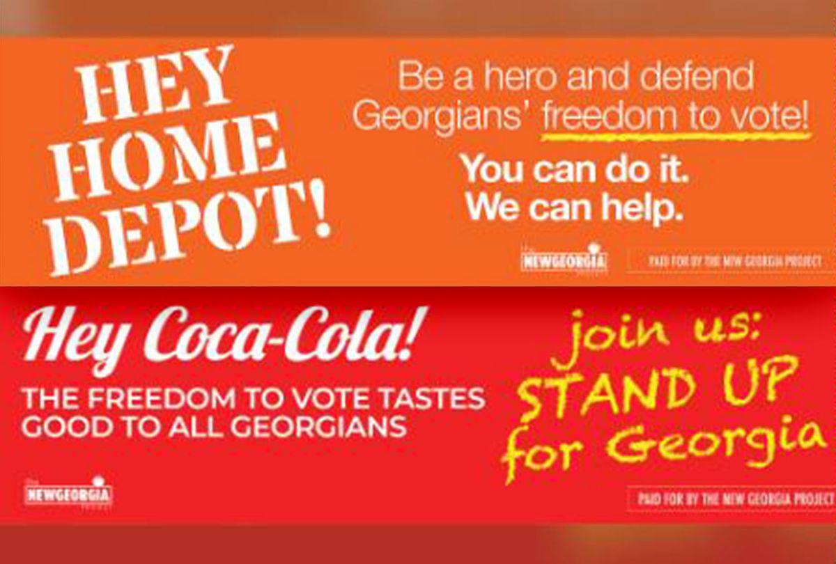 Coke and Home Depot ads against Georgia Republican voter restrictions (Photo illustration by Salon/New Georgia Project)