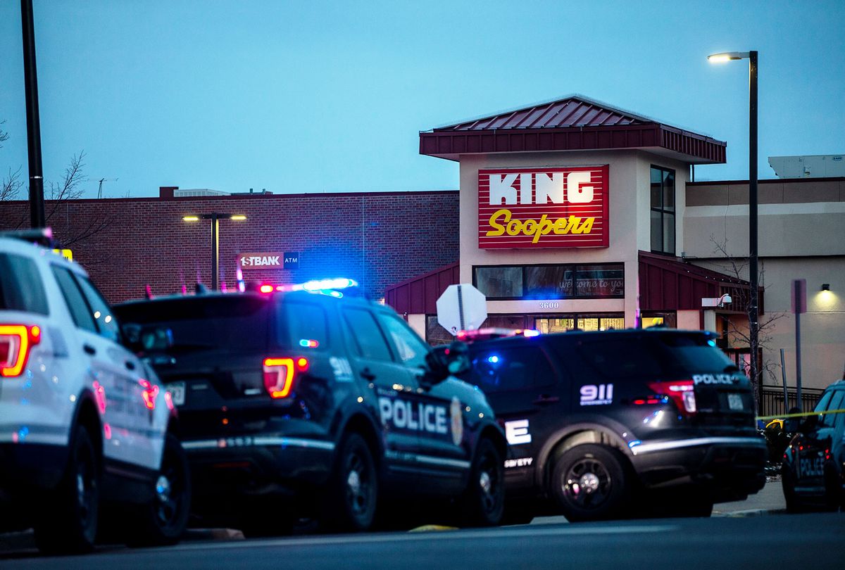 Police respond at a King Sooper's grocery store where a gunman opened fire on March 22, 2021 in Boulder, Colorado. Ten people, including a police officer, were killed in the attack. (Chet Strange/Getty Images)