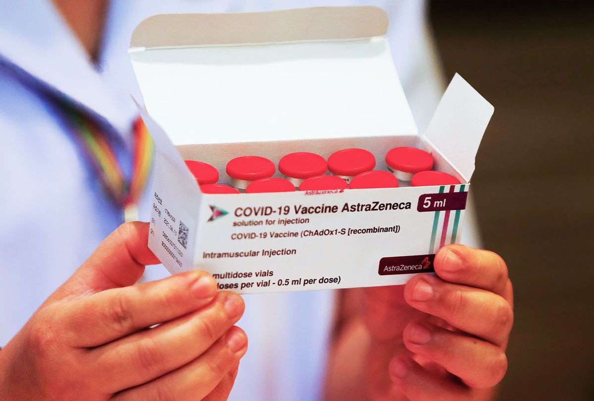 A health worker holds a box of the AstraZeneneca vaccine (Chaiwat Subprasom/SOPA Images/LightRocket via Getty Images)