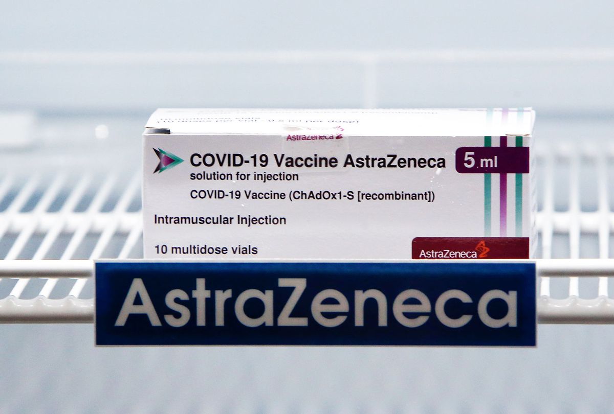 A box of the AstraZeneneca vaccine is seen in a cooling refrigerator (Chaiwat Subprasom/SOPA Images/LightRocket via Getty Images)
