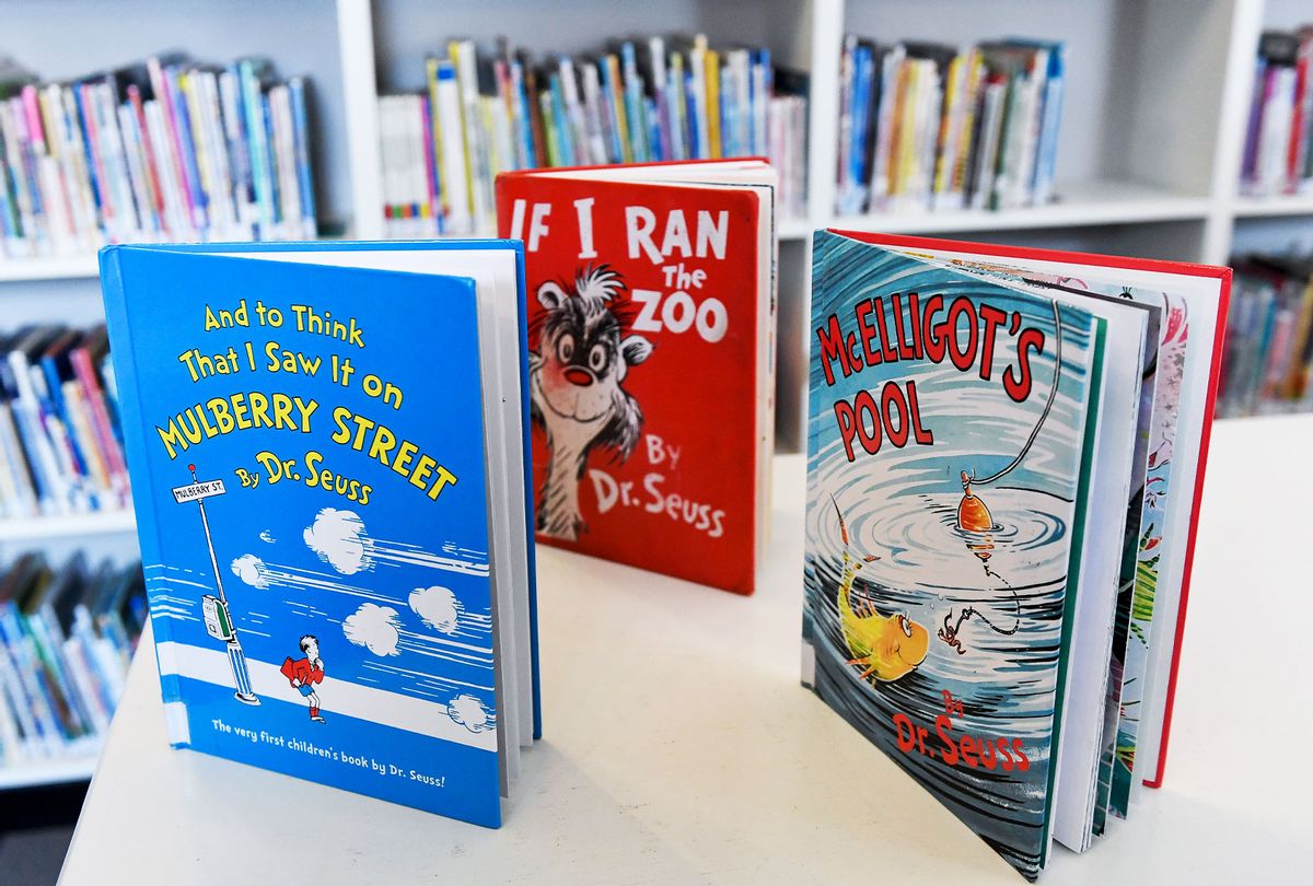 At the Wyomissing, Pennsylvania library, pictured are three of six Dr. Seuss books that will no longer be published because they "portray people in ways that are hurtful and wrong." (Ben Hasty/MediaNews Group/Reading Eagle via Getty Images)