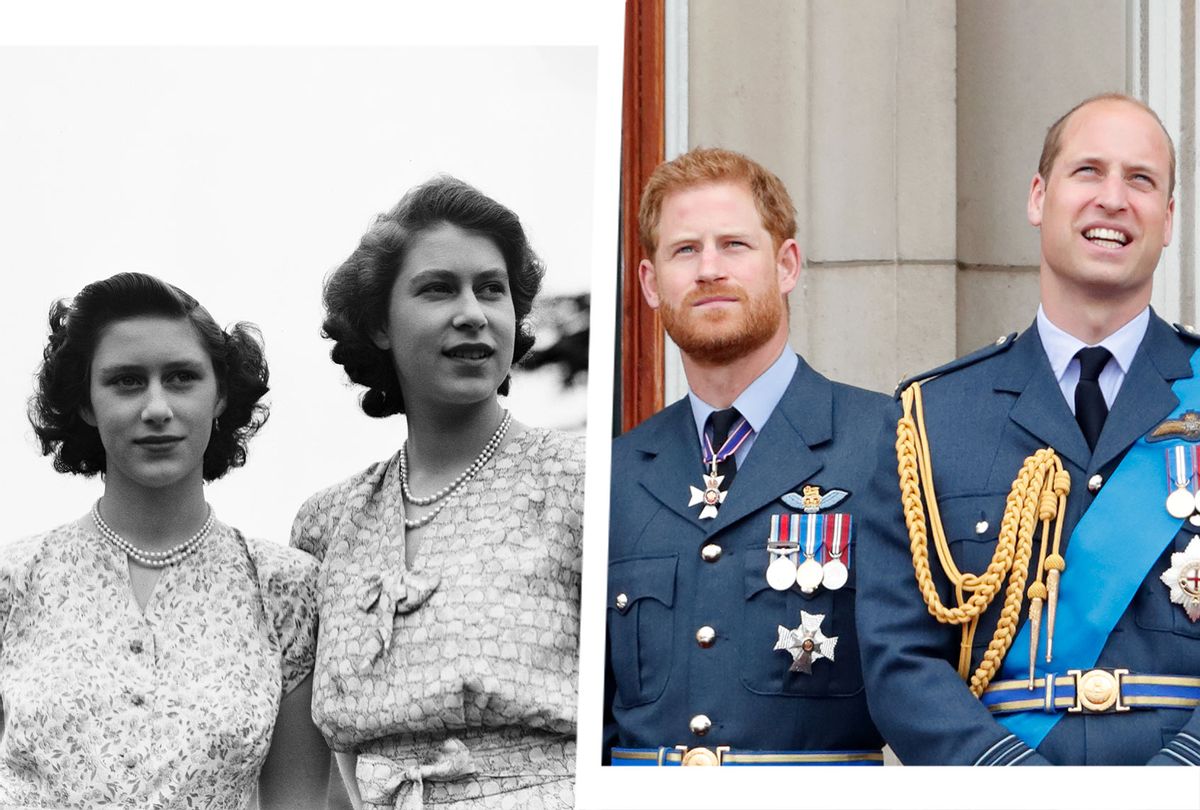 Princess Elizabeth, her sister Princess Margaret, Prince Harry and Prince William. (Photo illustration by Salon/Lisa Sheridan/Hulton Archive/Getty Images and Max Mumby/Indigo/Getty Images)