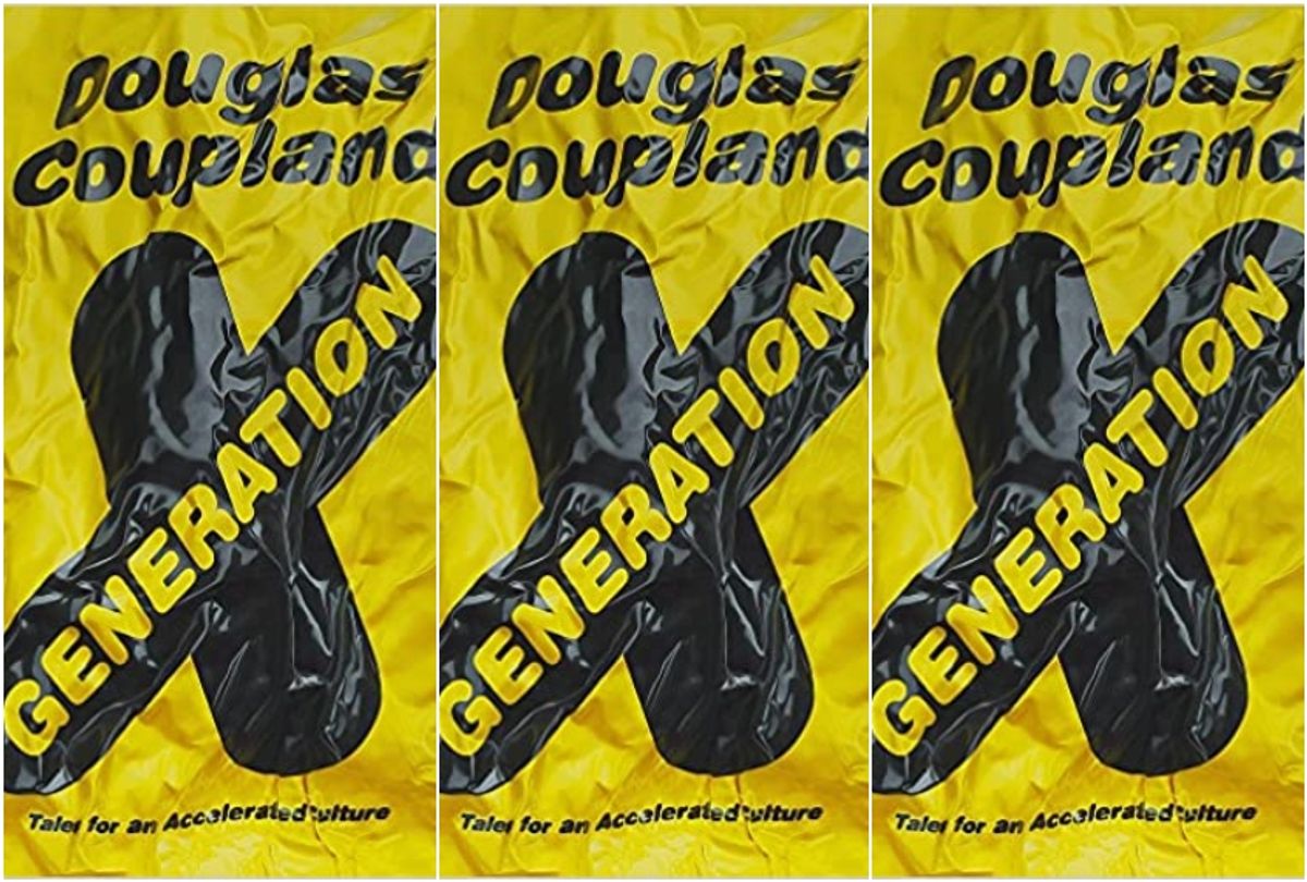 Collage of paperback version of "Generation X" by Douglas Coupland (Fawcett Gold Medal Book)
