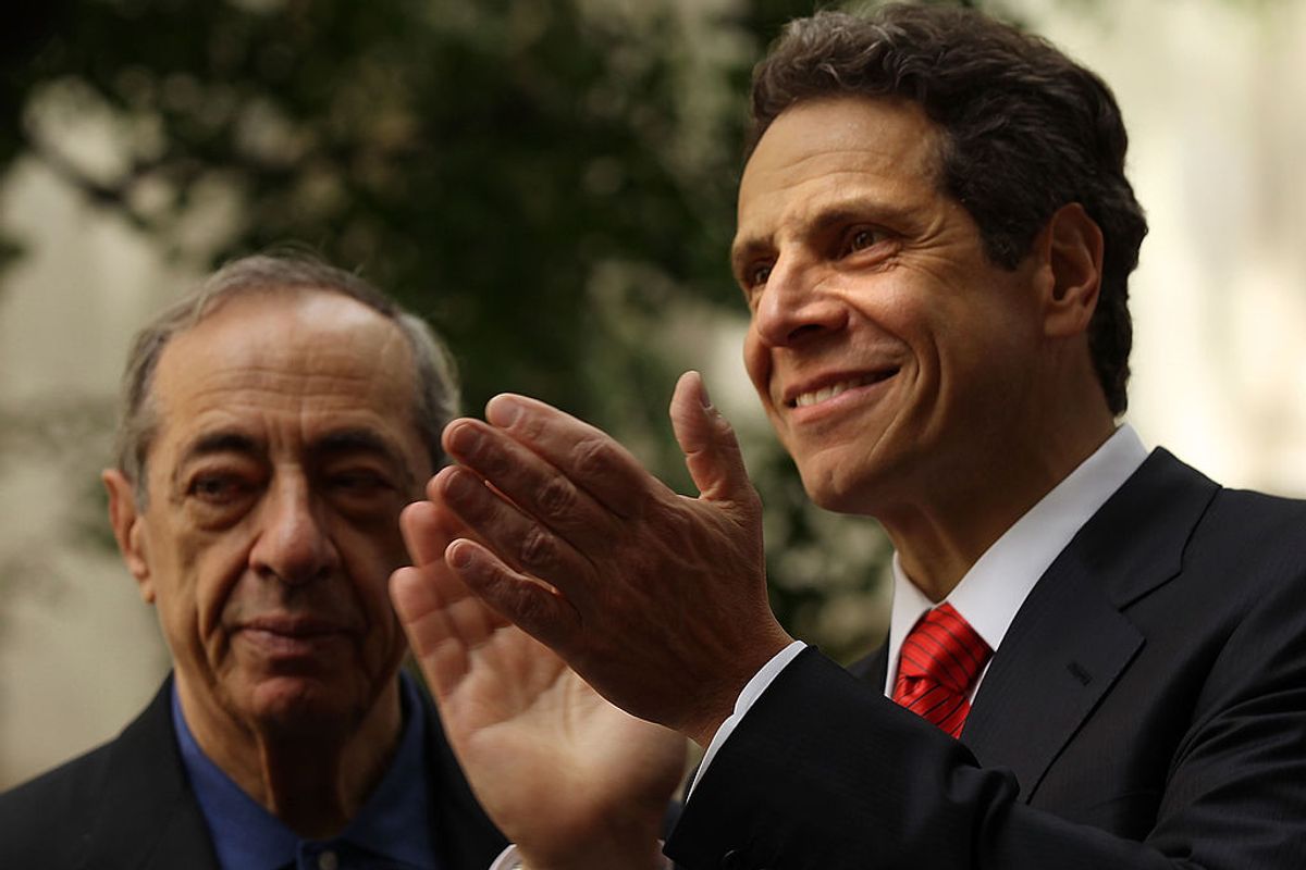 Then-New York Attorney General Andrew Cuomo announcing his candidacy for governor alongside his father, former Gov. Mario Cuomo, on May 22, 2010 in New York City. (Spencer Platt/Getty Images)