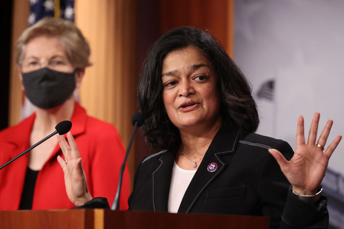 Rep. Pramila Jayapal, D-Wash., speaks during a news conference with Sen. Elizabeth Warren, D-Mass., to announce legislation that would tax the net worth of America's wealthiest individuals at the U.S. Capitol on March 1, 2021. (Chip Somodevilla/Getty Images)
