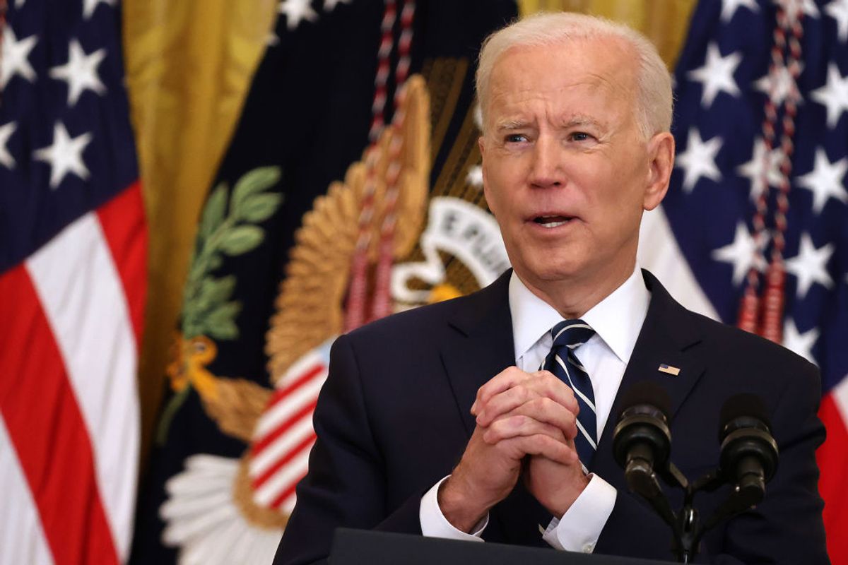 President Joe Biden talks to reporters during the first news conference of his presidency in the East Room of the White House on March 25, 2021. (Chip Somodevilla/Getty Images)