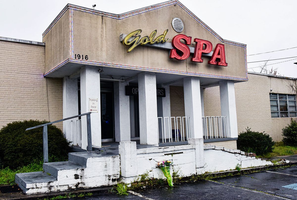 The site of Gold Spa, is viewed on March 17, 2021, one of the three Asian massage parlors that was hit by deadly shooting attacks in Northeast Atlanta, Georgia on March 16, 2021. - Six Asian women were among eight people shot and killed at spas around the US city of Atlanta, raising fears March 17, 2021 that it might be the most violent chapter yet in a wave of attacks on Asian-Americans. A white man is in custody on suspicion of staging all three attacks, police said as a Georgia state Democratic party leader suggested the attack matched "a pattern" of violence on Asian-Americans during the pandemic. (VIRGINIE KIPPELEN/AFP via Getty Images)