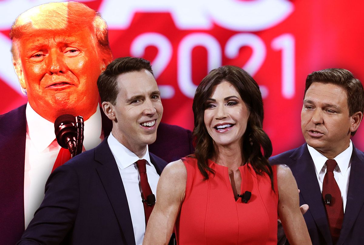 Josh Hawley, Kristi Noem and Ron DeSantis, looked over by Donald Trump (Photo illustration by Salon/Getty Images)